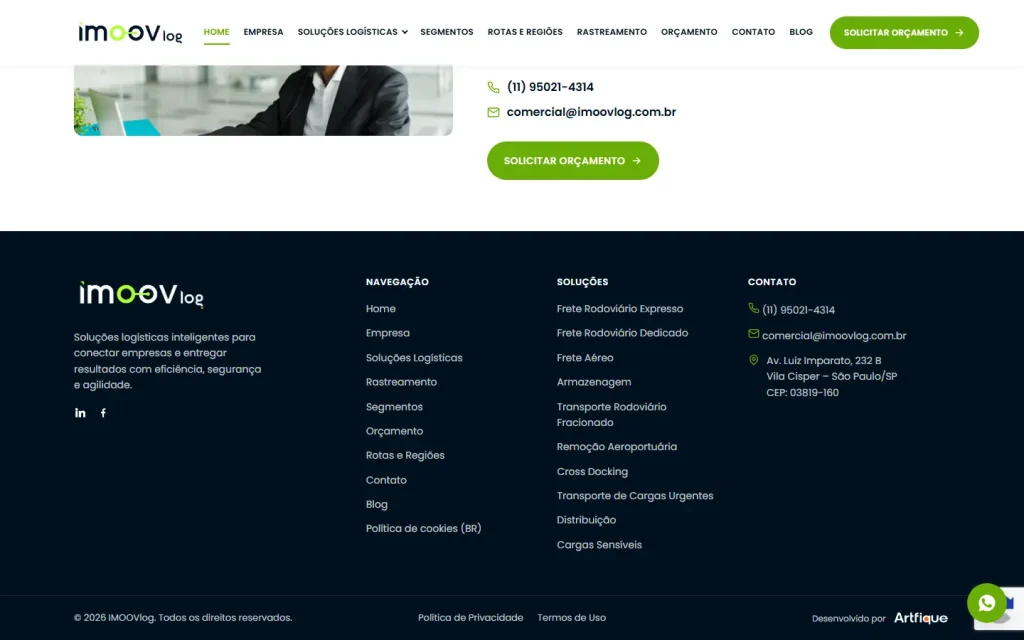 Tela do site IMOOV LOG desenvolvido pela Artfique