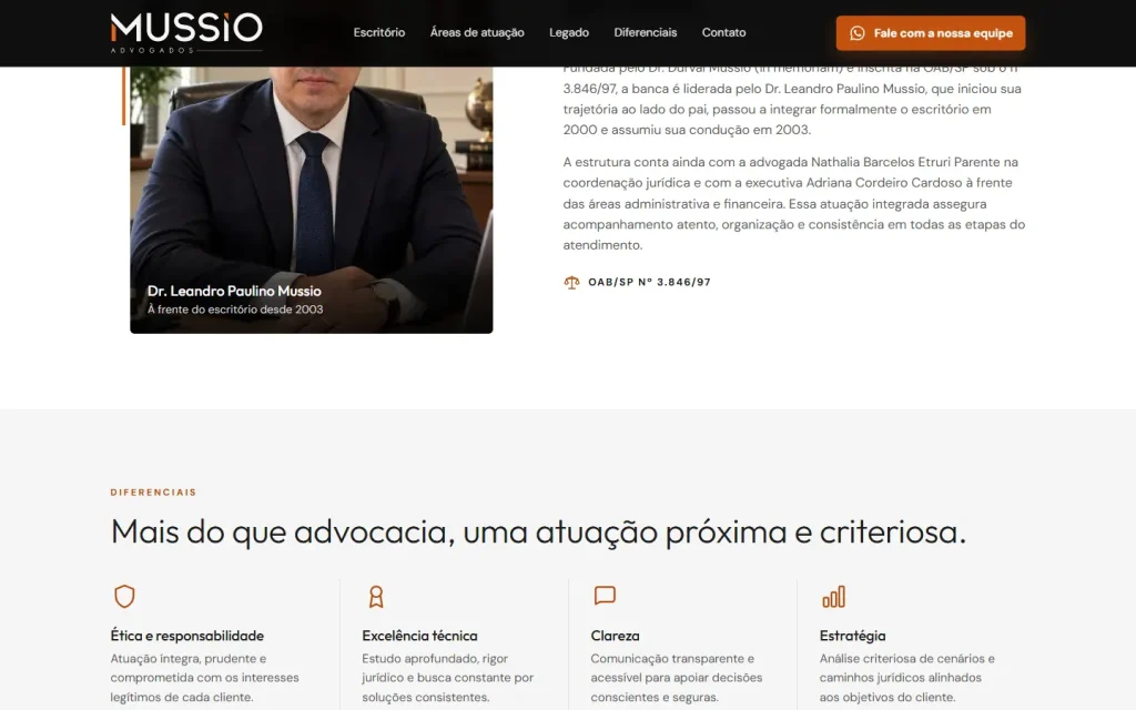 Tela do site Mussio Advogados desenvolvido pela Artfique