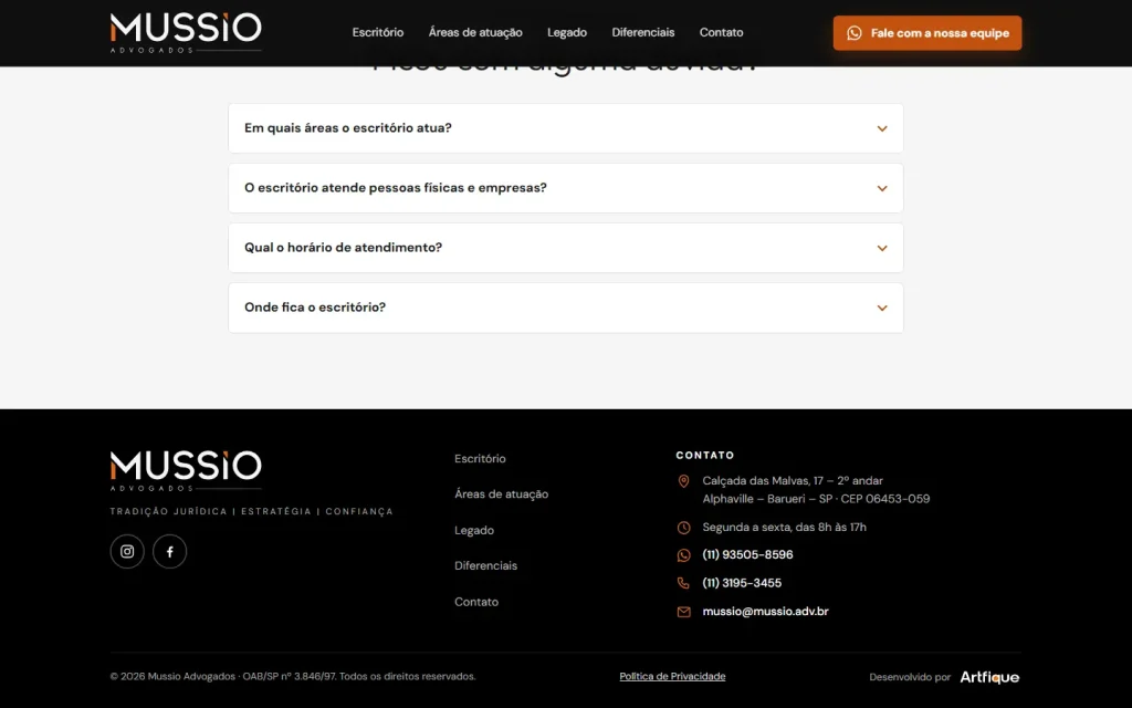 Tela do site Mussio Advogados desenvolvido pela Artfique