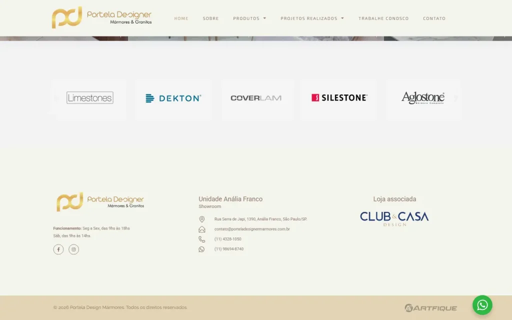 Tela do site Portela Designer Mármores desenvolvido pela Artfique
