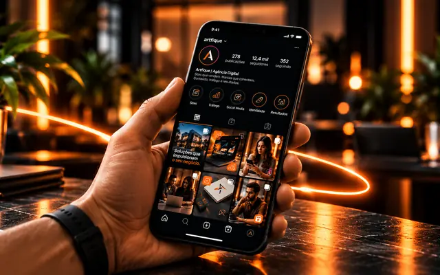 Celular exibindo perfil do Instagram gerenciado pela Artfique