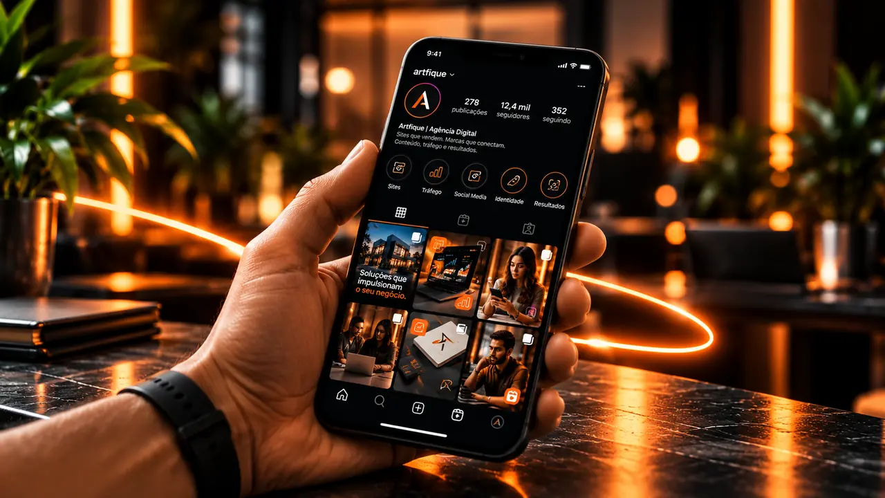 Celular exibindo perfil do Instagram gerenciado pela Artfique