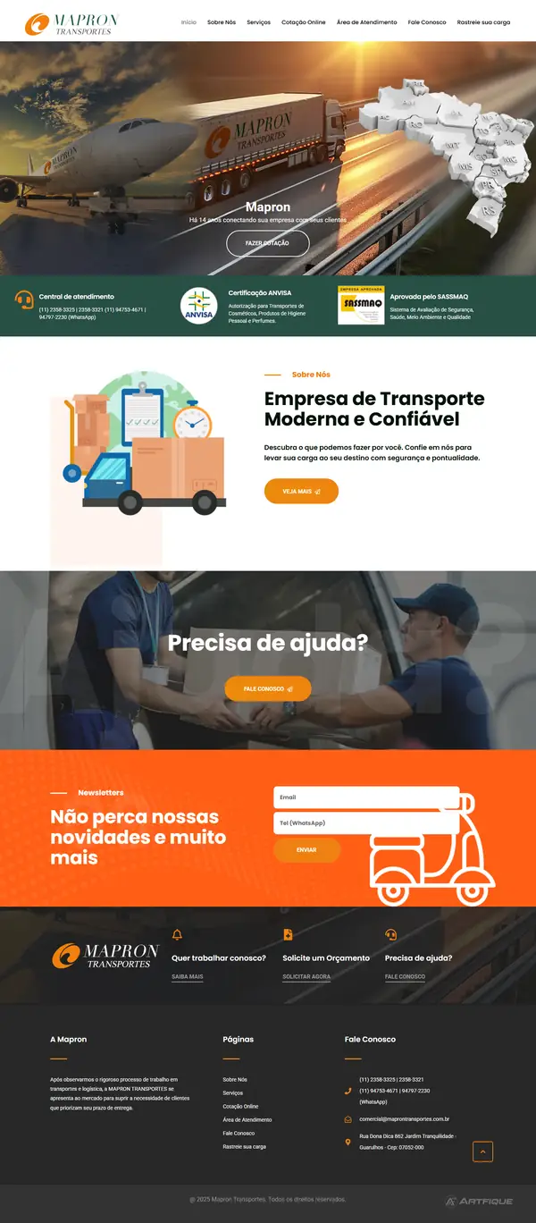 Site Mapron Transportes criado pela Artfique
