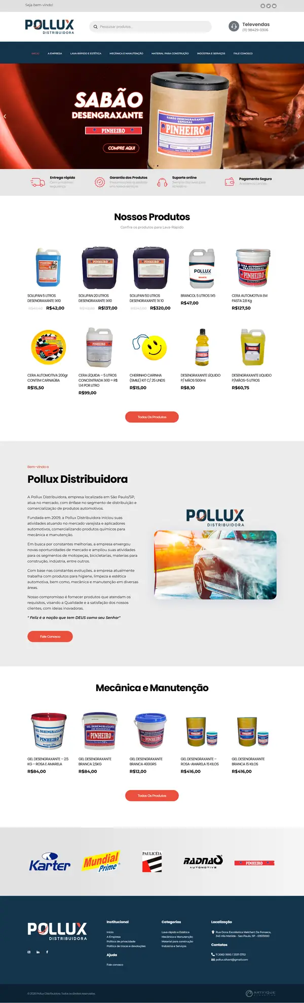 Site Pollux Distribuidora criado pela Artfique