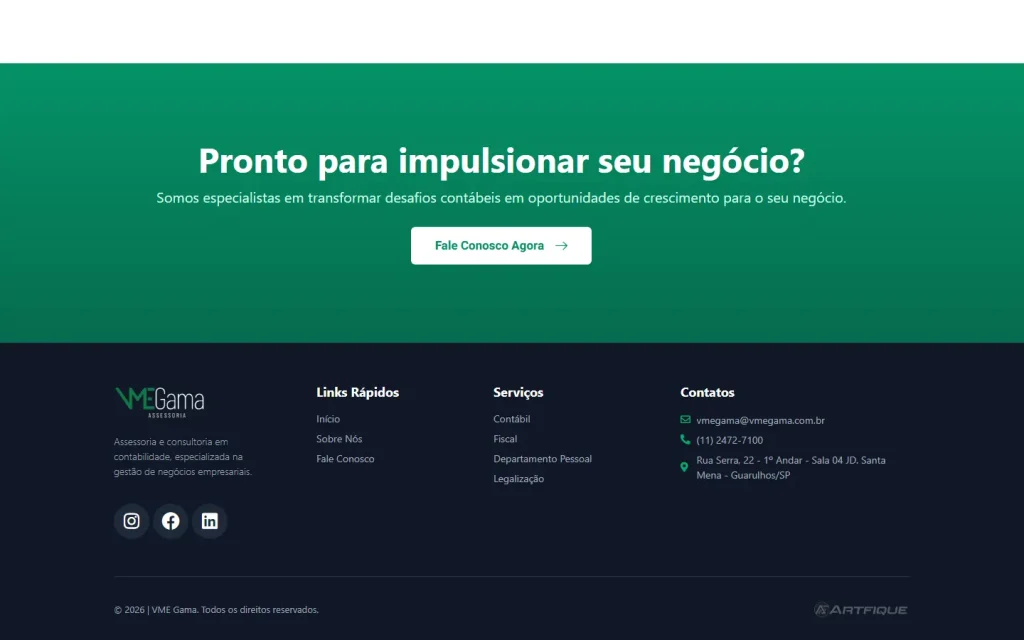 Tela do site VME Gama desenvolvido pela Artfique